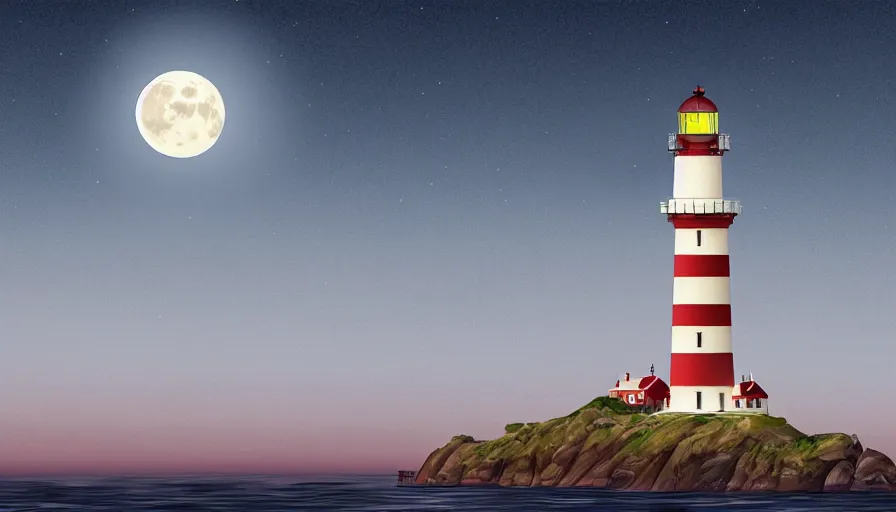 Image similar to a large full moon over a lighthouse out at sea, digital art, highly detailed, realistic, bright colors, 8 k