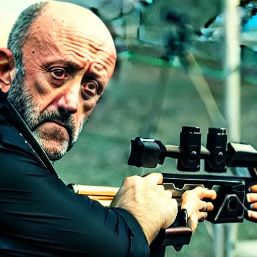 Image similar to Film still of Mike Ehrmantraut aiming with a !!!sniper rifle!!!, 4k, !!highly detailed!!