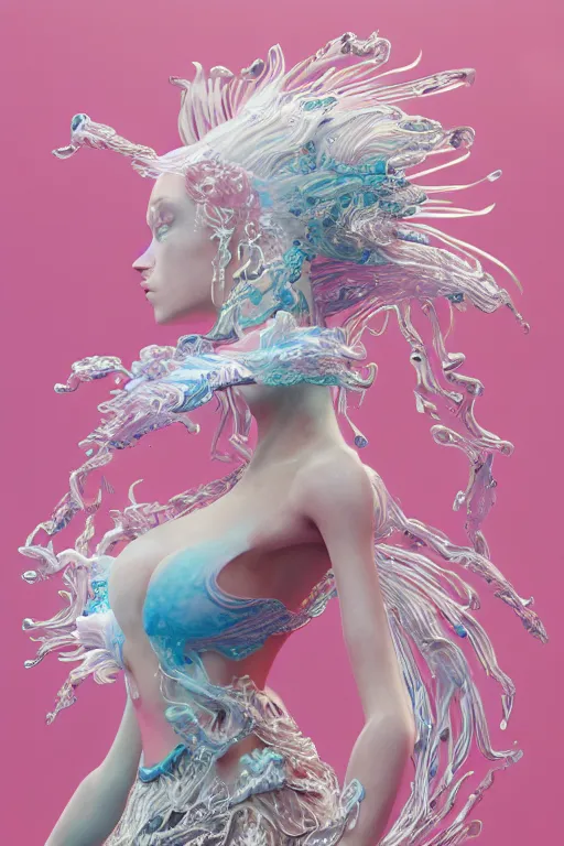 Prompt: an epic non - binary model, subject made of white melting porcelain, mesh headdress, flowing dress, with cerulean and pastel pink bubbles bursting out, delicate, beautiful, intricate, melting into ninetails, houdini sidefx, by jeremy mann and ilya kuvshinov, jamie hewlett and ayami kojima, trending on artstation, bold 3 d