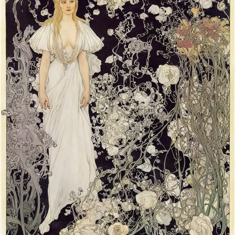 Prompt: Blonde woman standing in a white dress on a black background, with white roses Anton Pieck,Jean Delville, Amano,Yves Tanguy, Alphonse Mucha, Ernst Haeckel, Edward Robert Hughes,Stanisław Szukalski and Roger Dean