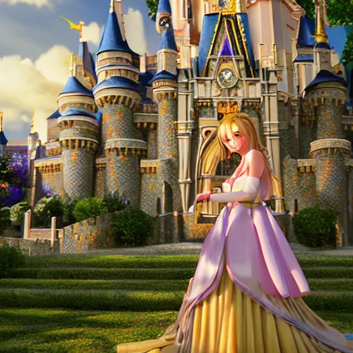 Image similar to a very detailed, ultra-realistic, pleasant, beautiful, funny, smooth 3D CG render, semirealistic anime style, close-up of a gorgeous, cute, gentle, noble priestess magician princess girl wearing dress and jewelry, in a glorious magic kingdom with castle and walls, relaxing calm vibes, fairytale, octane render