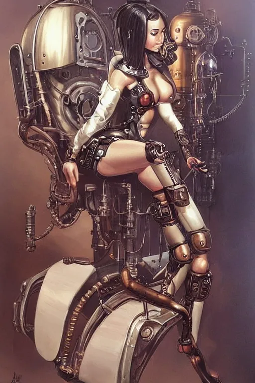 Prompt: retrofuturistic female android tied to a chair, steampunk, gears, detailed mechanical parts, painting by artgerm julie bell Ed Brinkley