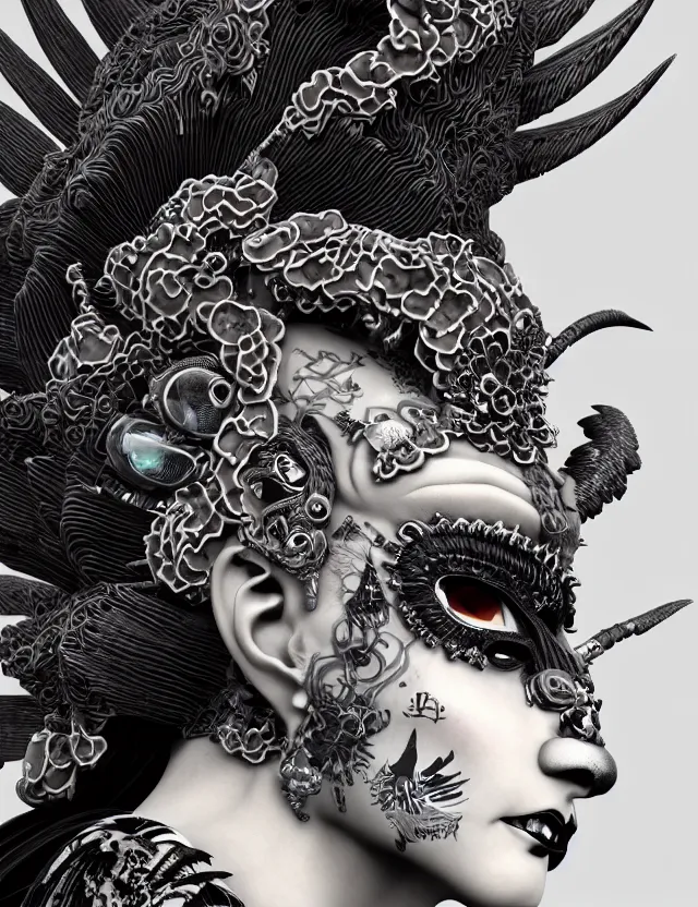 Image similar to 3 d goddess close - up profile portrait punk with mohawk in victorian style with ram skull. beautiful intricately detailed japanese crow kitsune mask and clasical japanese kimono. betta fish, jellyfish phoenix, bio luminescent, plasma, ice, water, wind, creature, artwork by tooth wu and wlop and beeple and greg rutkowski