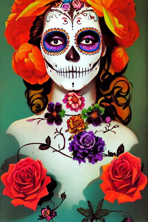 Image similar to Illustration of a sugar skull day of the dead girl, art by rolf armstrong