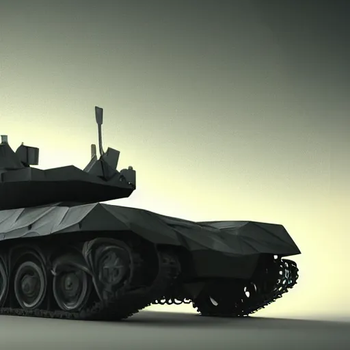 Image similar to Futuristic low-poly battle tank, epic cinematic shot, black plastic, lights, hd 4k digital art by Dawid Michalczyk