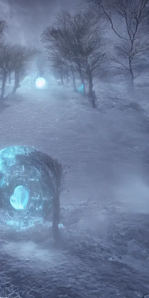 Image similar to interdimensional galaxy portal covered in frost, ice gate, volumetric light, volumetric fog, unreal engine, photorealistic, 8 k