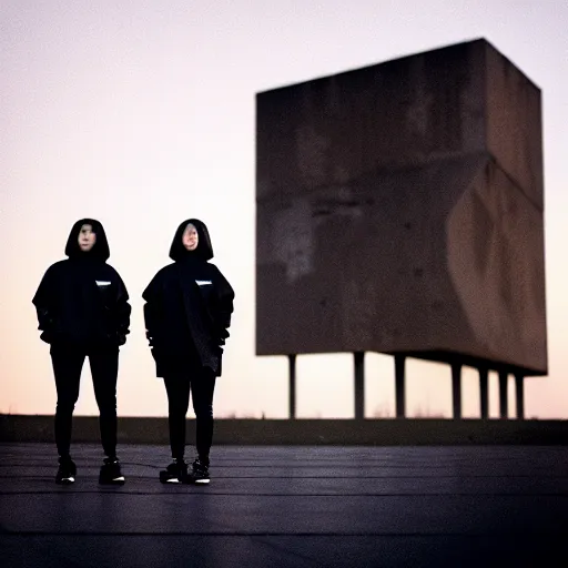 Prompt: cinestill 5 0 d photograph of 2 women wearing black techwear in front of a brutalist sharp - edged metal building, on a desolate plain, red eerie sky, sigma 8 5 mm f / 1. 4, 4 k, depth of field, high resolution, highly detailed, 4 k, 8 k, hd, full color