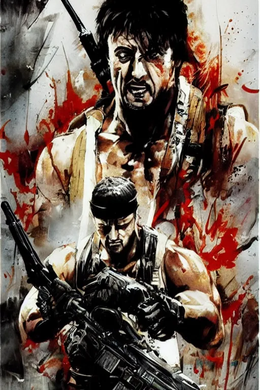 Image similar to a movie poster illustration of Stallone as Rambo by Yoji Shinkawa and Ashley Wood