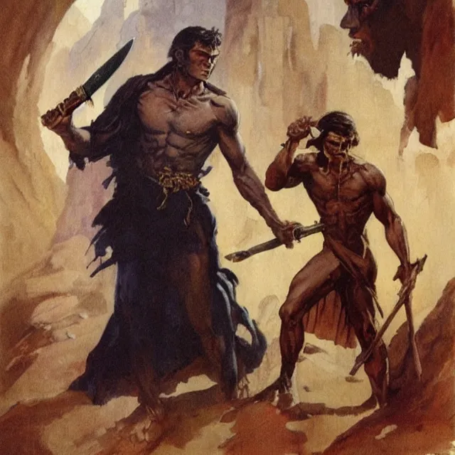 Image similar to highly detailed frank frazetta painting of robed evil lanky disheveled artist sorcerer holding scimitar in arabian surroundings