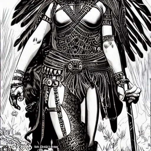 Prompt: greek amazon warrior, a tall beautiful woman with bronzed skin and long raven hair, dressed in leather and hellenistic armour, intricate, elegant, highly detailed, smooth, sharp focus, detailed face, high contrast, graphic novel, art by chris bachalo,