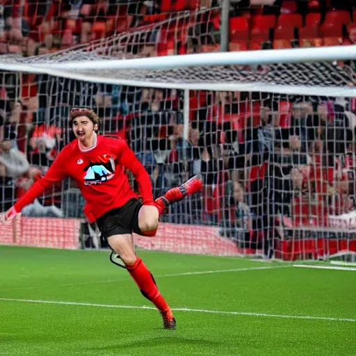 Prompt: Brett Goldstein, Roy Kent, scores a goal for for Manchester United in 2019