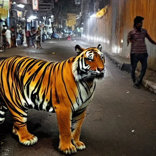 Image similar to photograph of a tiger smoking a joint in the streets of Dhaka at night