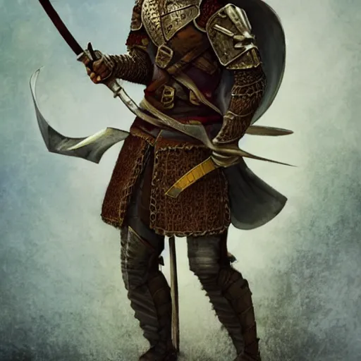 Image similar to full body portrait of a human fighter folk hero with a talking great sword, fantasy, medieval, intricate details, heroic pose, cinematic, hyper realistic, the most normal human ever, tall