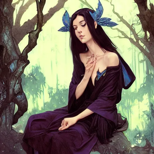 Prompt: d & d portrait of an elf resting on a tree, short black hair, regal sky blue robes, sharp focus, intricate, smooth, ultra realistic digital art, high fantasy, pointed ears, elegant, by artgerm, greg rutkowski, alphonse mucha