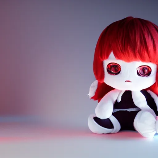 Prompt: cute fumo plush of a girl who is covering up a murder she committed, suspect, red lighting lens flare, black and white, horror film, vray