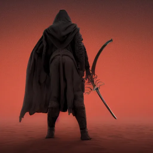 Prompt: view from the back warrior holding two swords, full body worn out torn cape, red hoodie, worn out clothes, floating spiral sand, desert, concept art, volumetric light, full body shot, 8K, trending on artstation