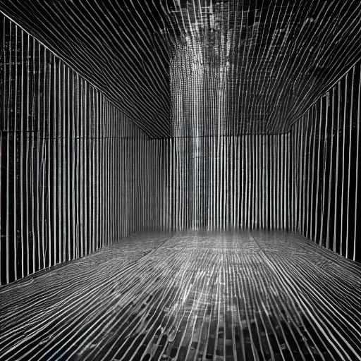 Prompt: rain room, art installation at the moma, extremely detailed, black and white photograph