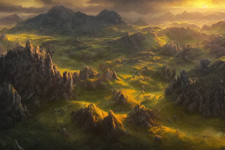 Prompt: high aerial shot, fantasy landscape, sunset lighting ominous shadows, cinematic fantasy painting, dungeons and dragons, rolling hills farmland and pastures, foothills by jessica rossier and brian froud