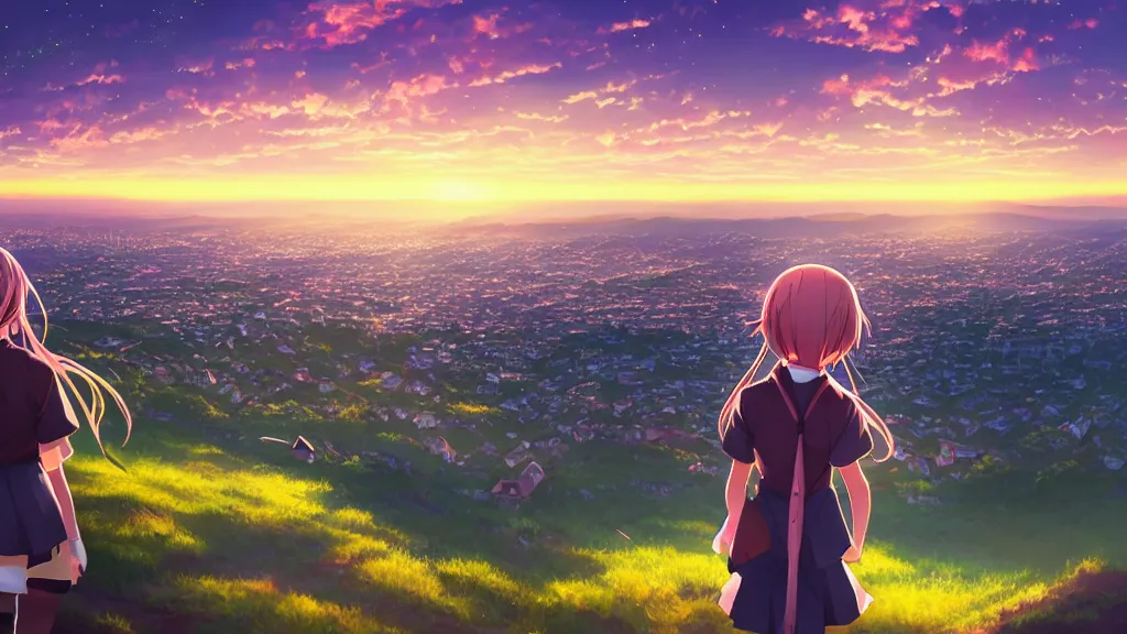 Prompt: a schoolgirl was looking at the city in the distance on the hillside, beautiful and spectacular dusk, sky was half illuminated by the setting sun and half was the beautiful milky way, rich vivid colors, ambient lighting, dynamic lighting, official media, anime key visual, rossdraws, detailed, trending on artstation.