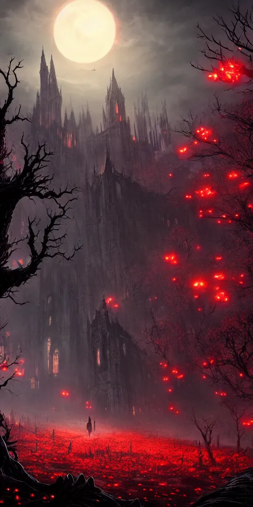 Image similar to populated bloodborne old valley with a dark person at the centre and a ruined gothic city in the background, trees and stars in the background, falling red petals, epic red - orange moonlight, perfect lightning, wallpaper illustration by niko delort and kentaro miura, 4 k, ultra realistic