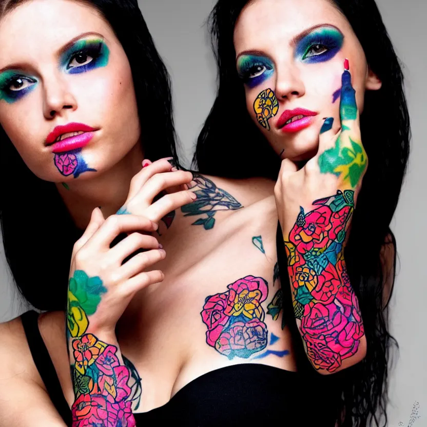 Prompt: the face of a beautiful woman with fluorescent tatoos