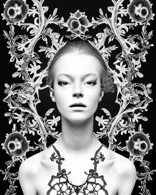 Image similar to monochrome profile portrait painting, dutch masters, silver lace floral steampunk biomechanical beautiful one techno eye young female cyborg, big monocular, volumetric light, leaves foliage and stems, hibiscus flowers, alexander mcqueen, rim light, big gothic fashion pearl embroidered collar, 8 k