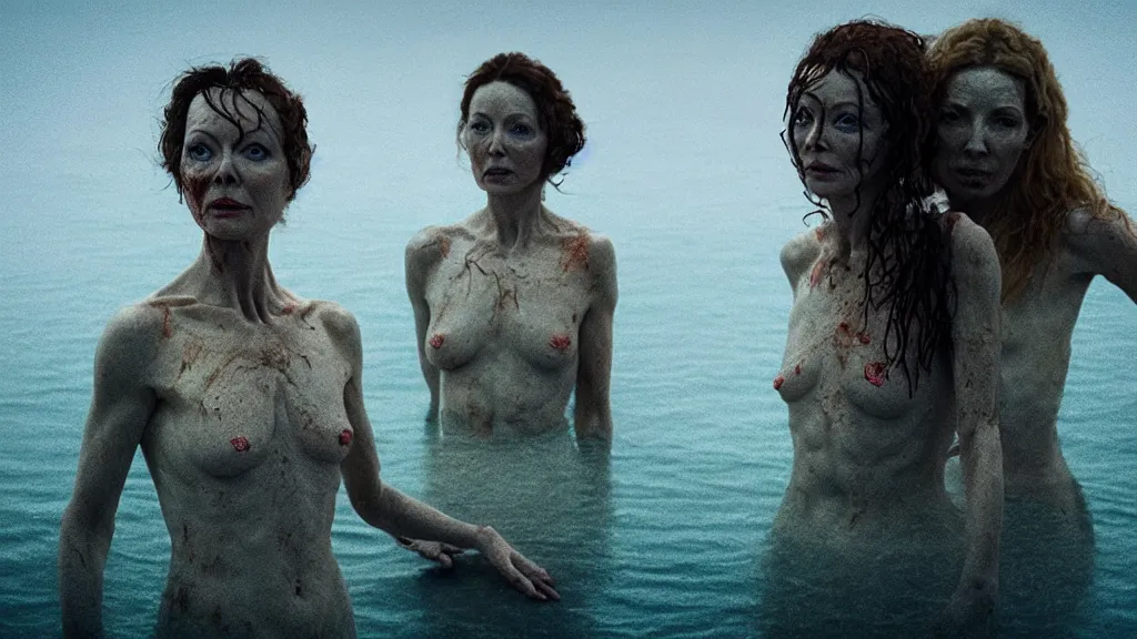 Image similar to close up photo of Helen McCrory and Annabelle Wallis coming out of the ocean, extreme detailed face, a blood portal on the background, film still from the movie directed by Denis Villeneuve with art direction by Zdzisław Beksiński, wide lens