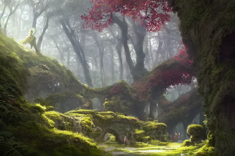 Prompt: natural arches covered in bushes and moss, sunny day, long shot, matte painting, digital art, by greg rutkowski, in the style of studio ghibli, vivid colors, highly detailed, 8 k, establishing shot, smooth, trending on artstation, illustration, realistic