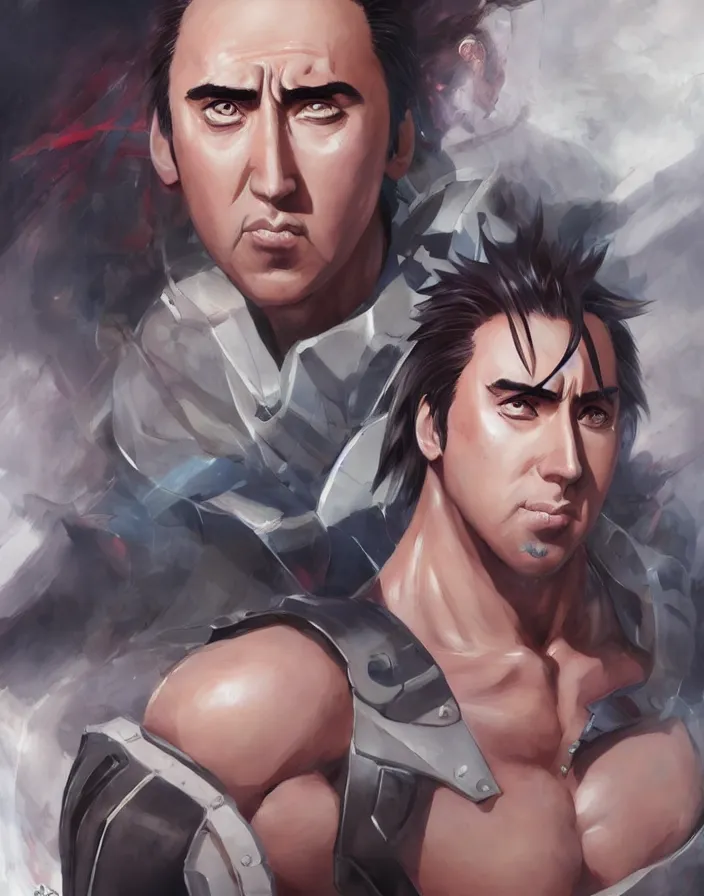 Image similar to anime portrait of nicolas cage as a muscular anime boy by Stanley Artgerm Lau, WLOP, Rossdraws, James Jean, Andrei Riabovitchev, Marc Simonetti, and Sakimichan, trending on artstation