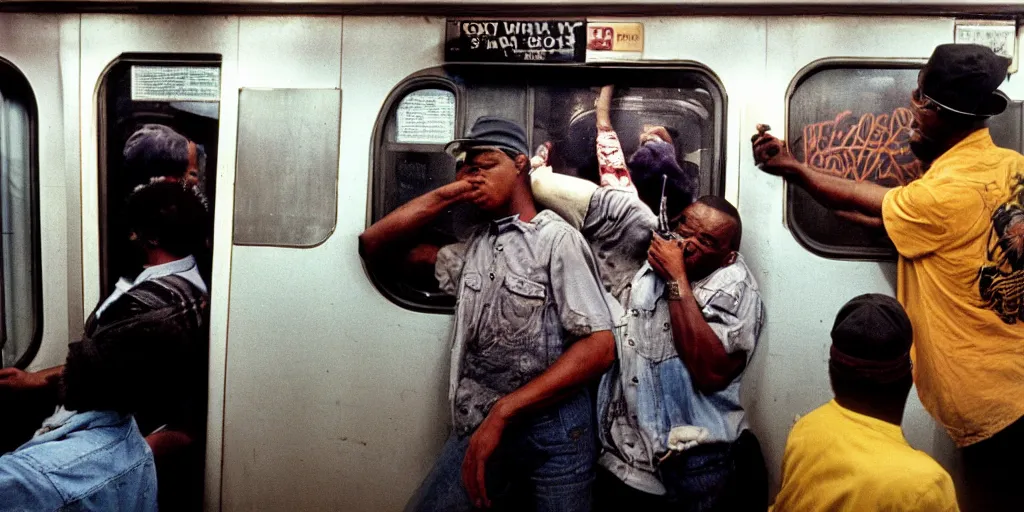 Image similar to new york subway cabin 1 9 8 0 s inside all in graffiti, black guy threatens another black guy with a gun, coloured film photography, christopher morris photography, bruce davidson photography