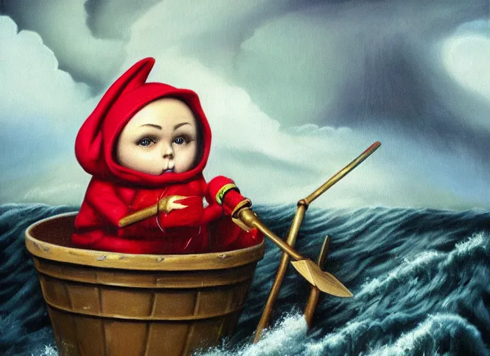 Image similar to a terrified garden gnome sailing in a bucket, background of raging ocean on a stormy with dramatic clouds, an ultrafine detailed painting by mark ryden, trending on deviantart, pop surrealism, whimsical, lowbrow, danger, perfect symmetrical face