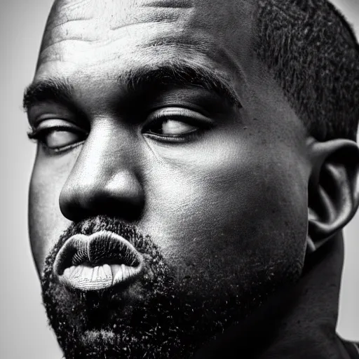 Image similar to the face of young kanye west wearing yeezy clothing at 3 2 years old, black and white portrait by julia cameron, chiaroscuro lighting, shallow depth of field, 8 0 mm, f 1. 8