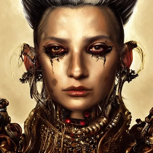 Image similar to portrait, headshot, insanely nice professional hair style, dramatic hair color, digital painting, of a old 17th century, old cyborg merchant, amber jewels, baroque, ornate clothing, scifi, realistic, hyperdetailed, chiaroscuro, concept art, art by Franz Hals and Jon Foster and Ayami Kojima and Amano and Karol Bak,