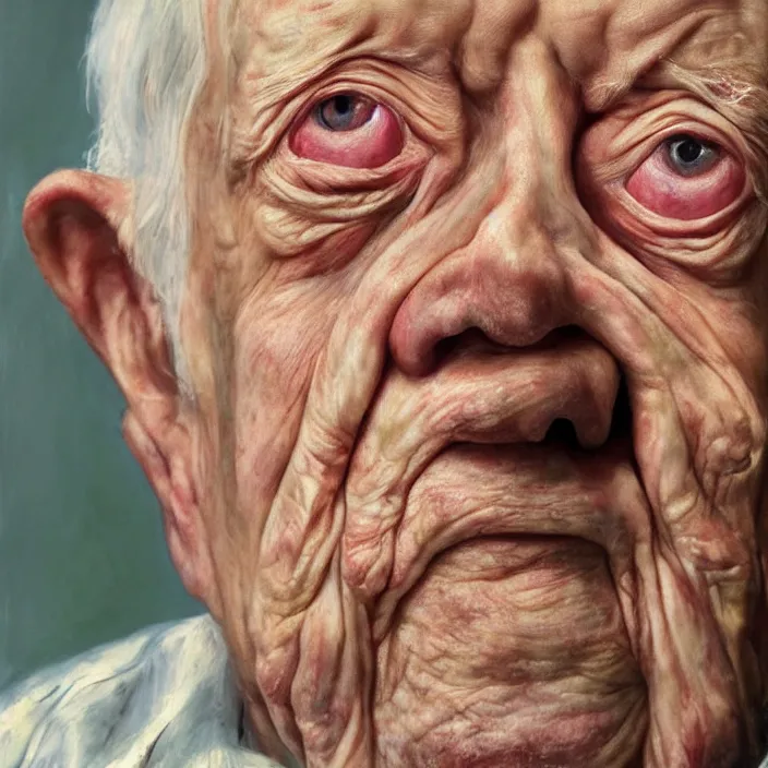 Image similar to hyperrealistic close up studio portrait of aging old Jimmy Carter age 103 wrinkled sorrowful, oil painting by Ivan Albright and Lucian Freud and Ron Mueck, trending on artstation Studio lighting hyperrealism