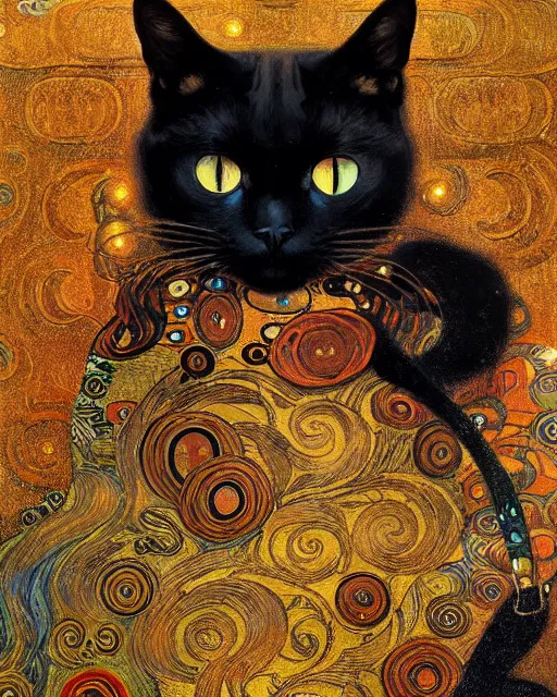 Prompt: black noir cat portrait an oil painting splashes with many colors and shapes by gustav klimt greg rutkowski and alphonse mucha, polycount, generative art, psychedelic, fractalism, glitch art