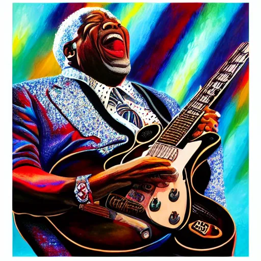 Image similar to portrait of bb king, joyful, highly detailed painting by stephen bliss, boxart, 8 k