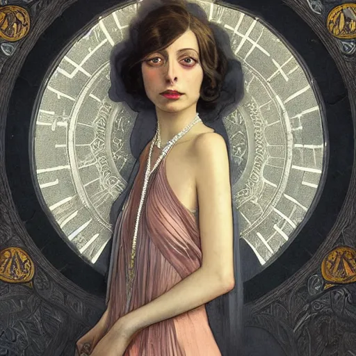 Image similar to full figure ultra realistic illustration, angela sarafyan wearing a 1 9 2 0 s flapper dress, 1 9 2 0 s hair, 1 9 2 0 s brooklyn, intricate, elegant, highly detailed, digital painting, artstation, concept art, smooth, sharp focus, illustration, art by artgerm and greg rutkowski and alphonse mucha