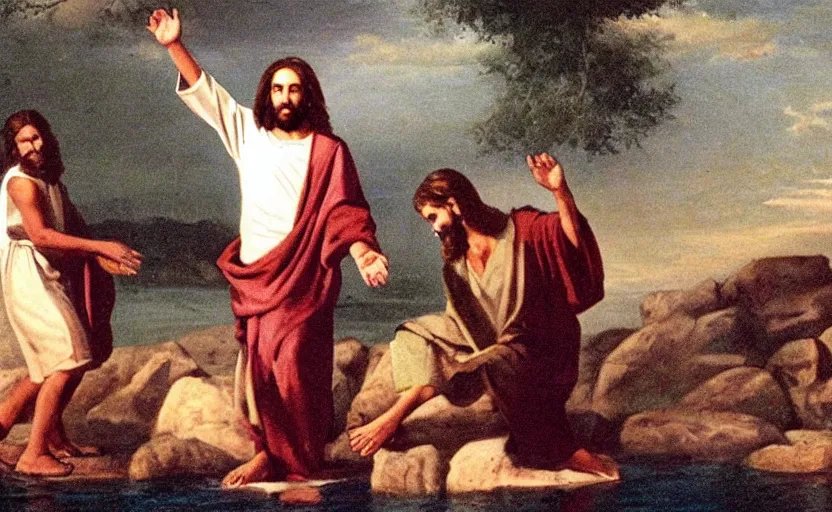 Image similar to photo of jesus christ performing miracles turning water into wine and walking on water in the year 2000