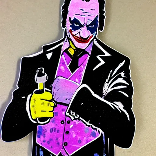 Image similar to die cut sticker, saul goodman wearing the joker suit, splatter paint