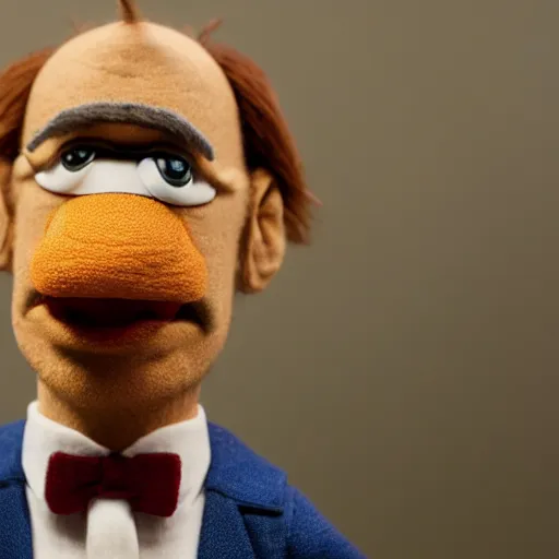 Image similar to Saul Goodman realistic Muppet puppet, wide lens, diorama, 4k,