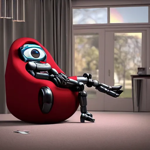 Image similar to futuristic lonely matte brown and red full-body humanoid robot with two huge round expressive sad purple glowing LED eyes and open rectangular mouth sitting on a large comfortable cushioned 1950s vintage recliner reading a newspaper. open newspaper. Cinematic Movie Photograph, Arri Alexa, Extremely Detailed, smooth, very very clean, 8K, octane render, maya render, unreal engine, trending on artstation, DSLR, excellent composition, center frame