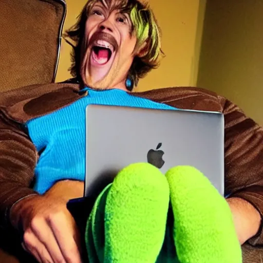 Prompt: shaggy from scooby doo with mismatching socks laptop and laughing