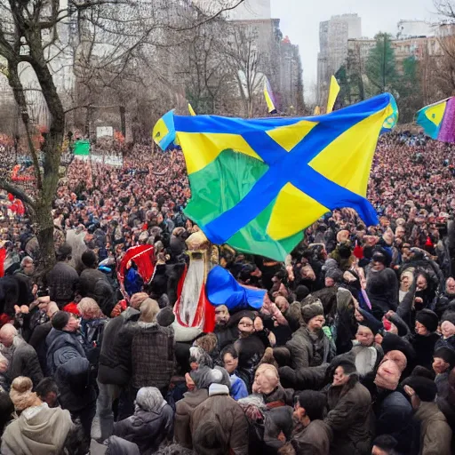 Image similar to a crowd of people with ukrainian flags throw down a bust of volodymyr lenin