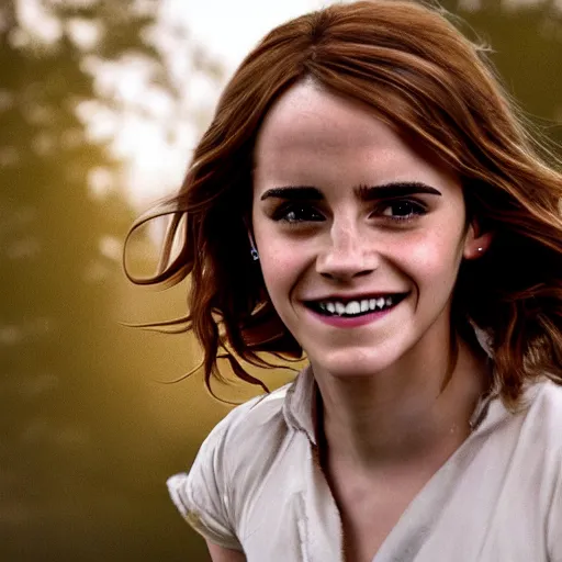 Prompt: Still of Emma Watson as Hermione Granger smiling. Prisoner of Azkaban. During golden hour. Extremely detailed. Beautiful. 4K. Award winning.