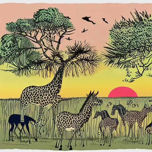 Prompt: quentin blake, mcbess illustration of a safari at sunset