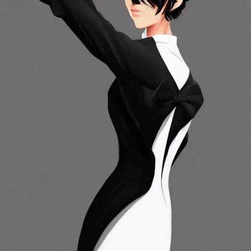 Image similar to slim girl in tuxedo with short black hair, elegant, 2d, ultra highly detailed, digital painting, smooth, sharp focus, artstation, art by Ilya Kuvshinov