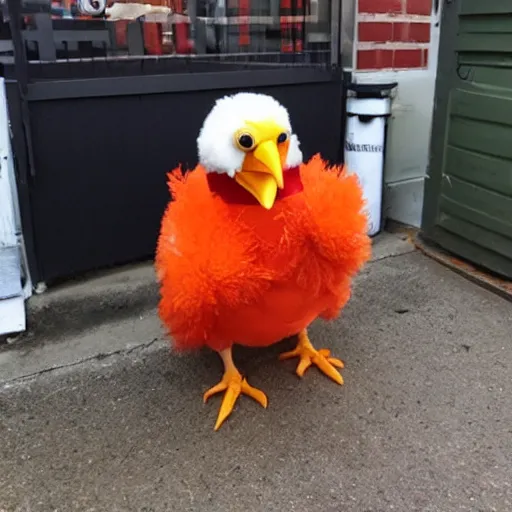 Prompt: cute chicken dressed as an inmate, campau mike style