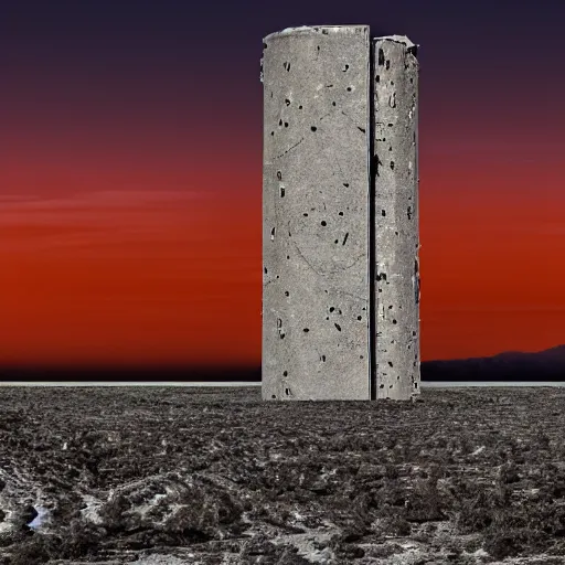 Image similar to a distorted post-apocalyptic landscape with a singular concrete military tower near the frozen lake hd 8k photo big lake high tower