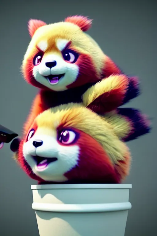 Image similar to high quality 3 d render hyperrealist very cute pastel fluffy red panda & koala hybrid eating giant ice cream, vray smooth, in the style of detective pikachu, hannah yata, very dramatic light, low angle, uhd 8 k, shallow depth or field