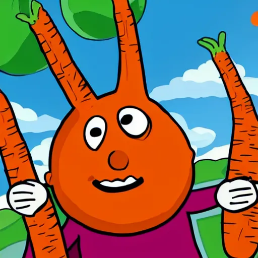 Image similar to A giant cartoon carrot eating a human stick